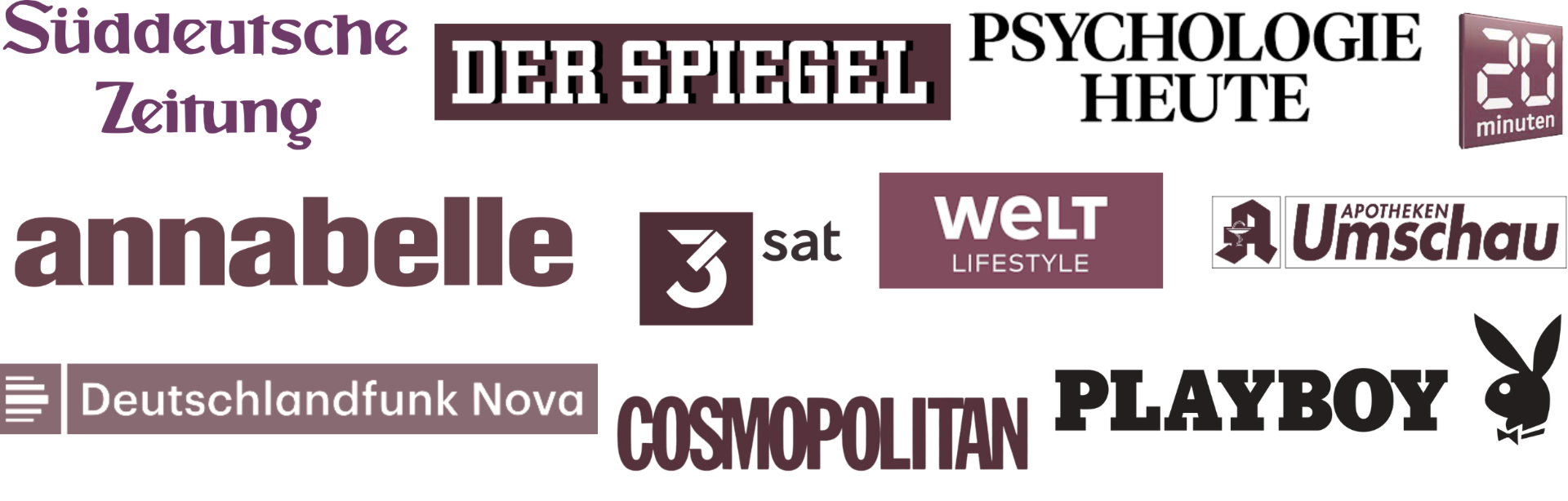 Hier sind die Logos einiger Medienhäuser gezeigt, in denen Amelie Boehm schon veröffentlicht wurde, z.B. Süddeutsche Zeitung, Deutschlandfunk Nova, Cosmopolitan, Playboy, Apotheken Umschau, Psychologie Heute, 3sat, Welt, Spiegel, Blick, Annabelle