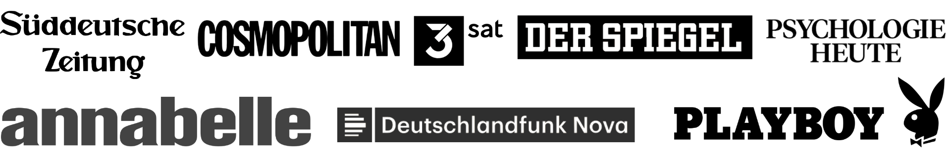Logos der Medienhäuser, in denen Amelie Boehm schon als Expertin erschienen ist z.B. Süddeutsche Zeitung, Welt Lifestyle, Playboy, Annabelle, Spiegel