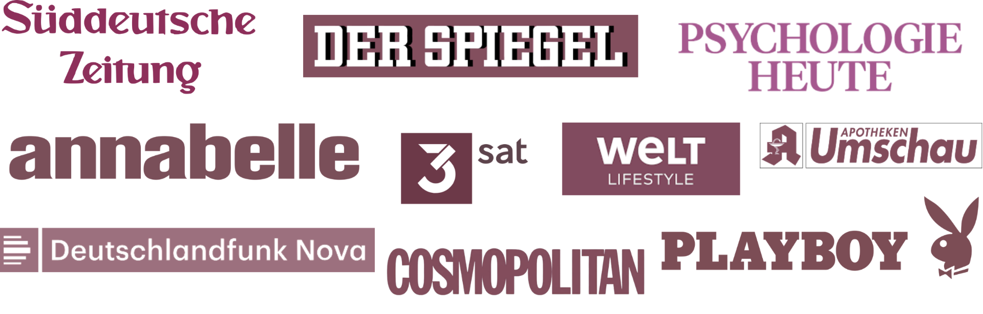 Hier sind die Logos einiger Medienhäuser gezeigt, in denen Amelie Boehm schon veröffentlicht wurde, z.B. Süddeutsche Zeitung, Deutschlandfunk Nova, Cosmopolitan, Playboy, Apotheken Umschau, Psychologie Heute, 3sat, Welt, Spiegel, Blick, Annabelle